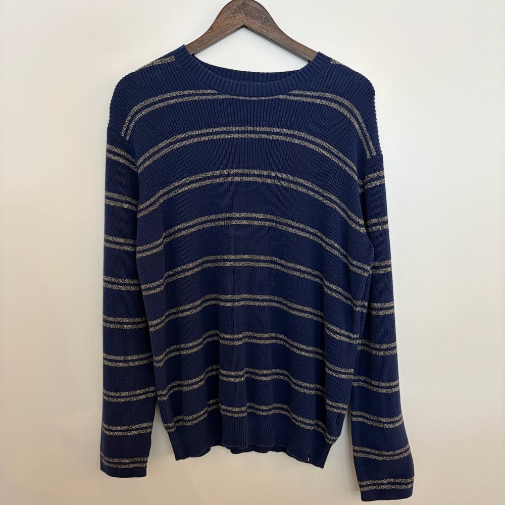 Hurley Mens Large Navy Blue Metallic Striped Ribbed Knit Crew Neck Sweater L